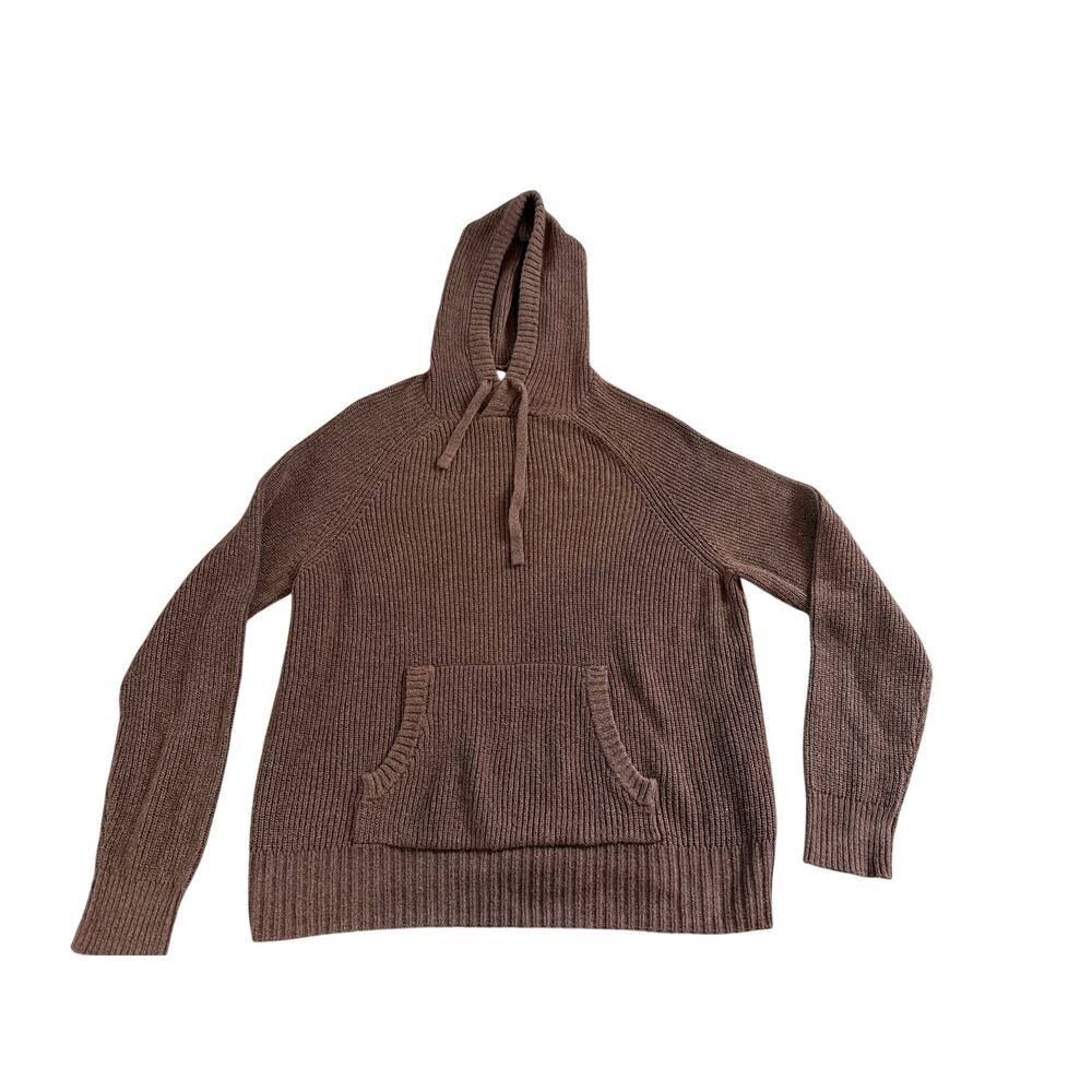American Eagle Chunky Ribbed Knit Hoodie Sweater Large Brown Kangaroo Pocket